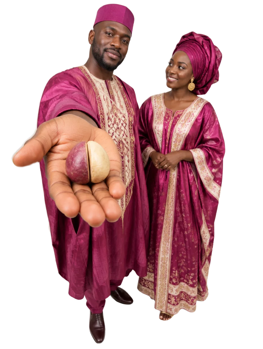 Un homme et une femme sénégalais en tenue traditionnelle rose-vin et or : il tend la main vers toi en présentant un gouro, la noix de cola de la demande en mariage.